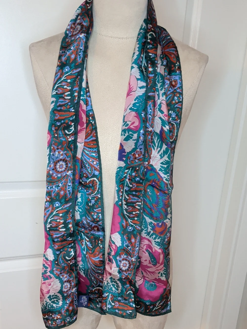 Vintage 80s Silk Honey Scarf Pink & Teal Floral Elegant Rectangle 53